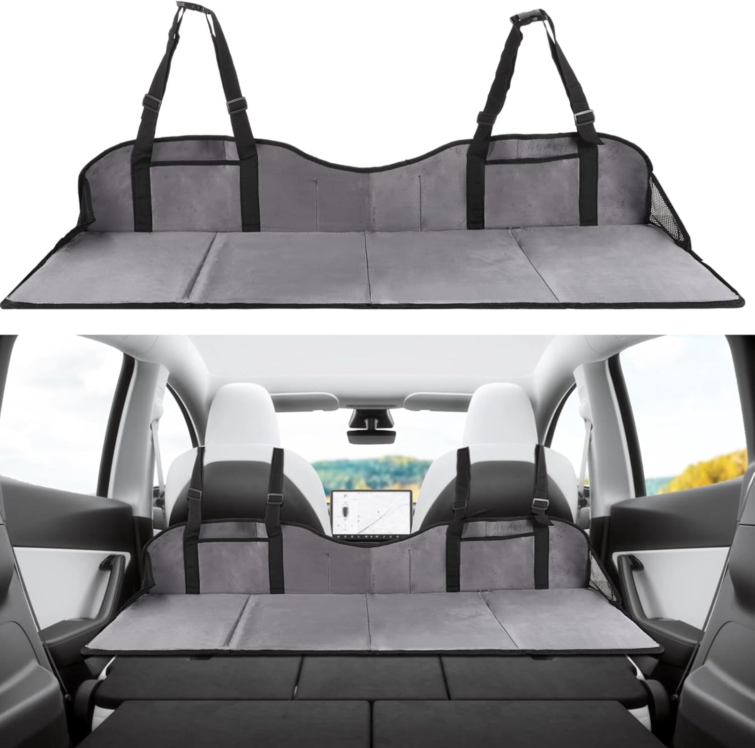 OMISTAR non inflatable car mattress front view showing grey flannel folding sleeping platform bed extender setup inside vehicle backseat.