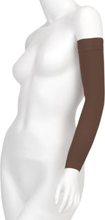 Full length view of the flesh-colored therapeutic arm sleeve for lymphedema care.