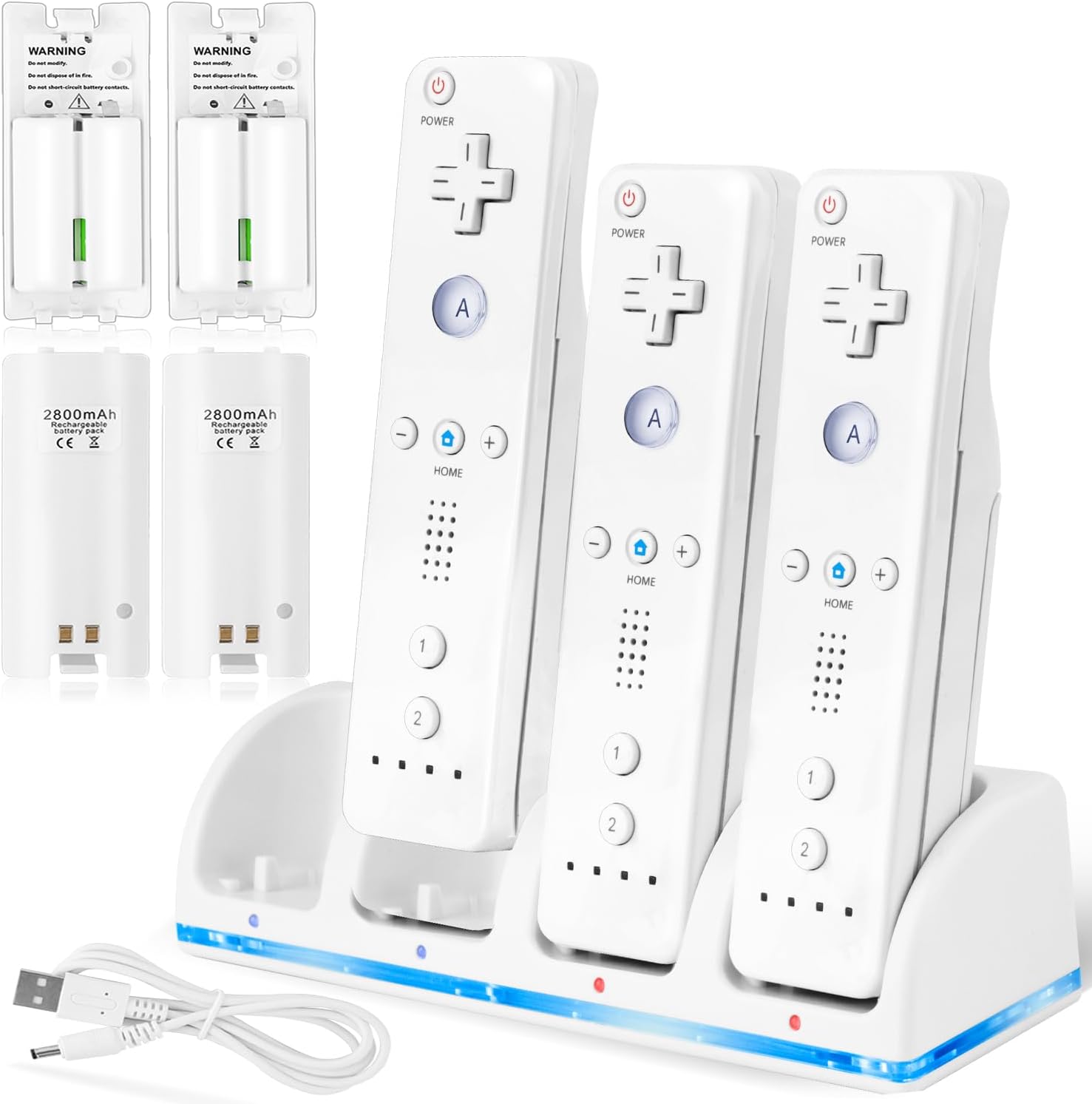 XiQiDianr 4-in-1 charging station front view with four white battery packs slotting into the dock