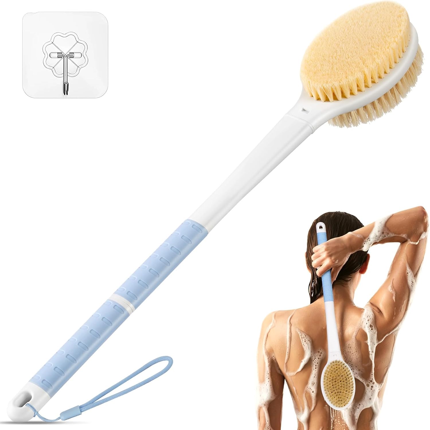 Rafow back scrubber body shower brush front view blue