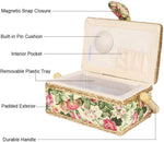 Oumefar sewing basket closed displaying magnetic button closure and fabric texture