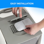 Installation guide image showcasing how to fit the non toxic replacement pad into a hooded pet litter box.