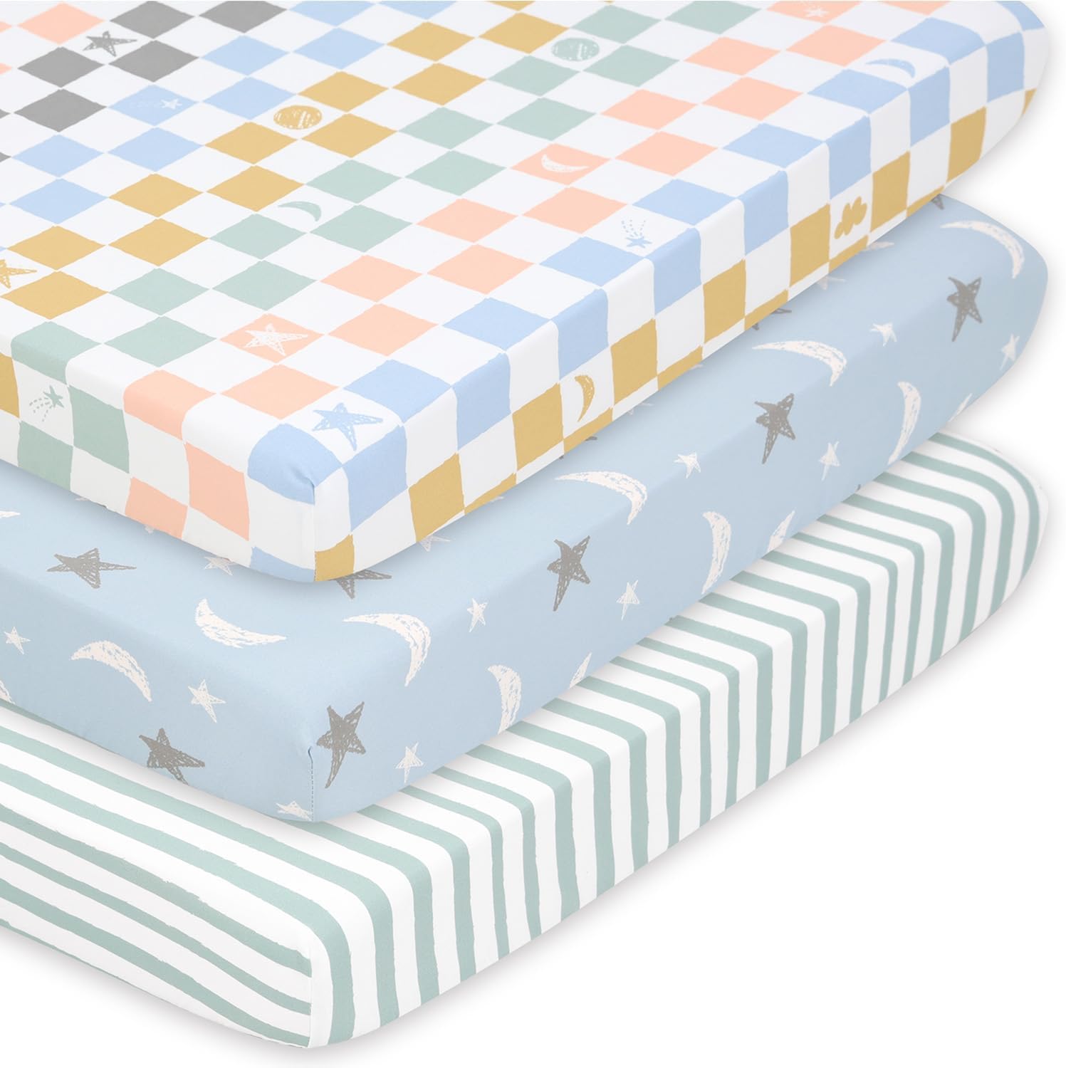 The Peanutshell Celestial Fitted Pack and Play Mattress Sheets front view showcasing the three distinct pastel pattern variants.