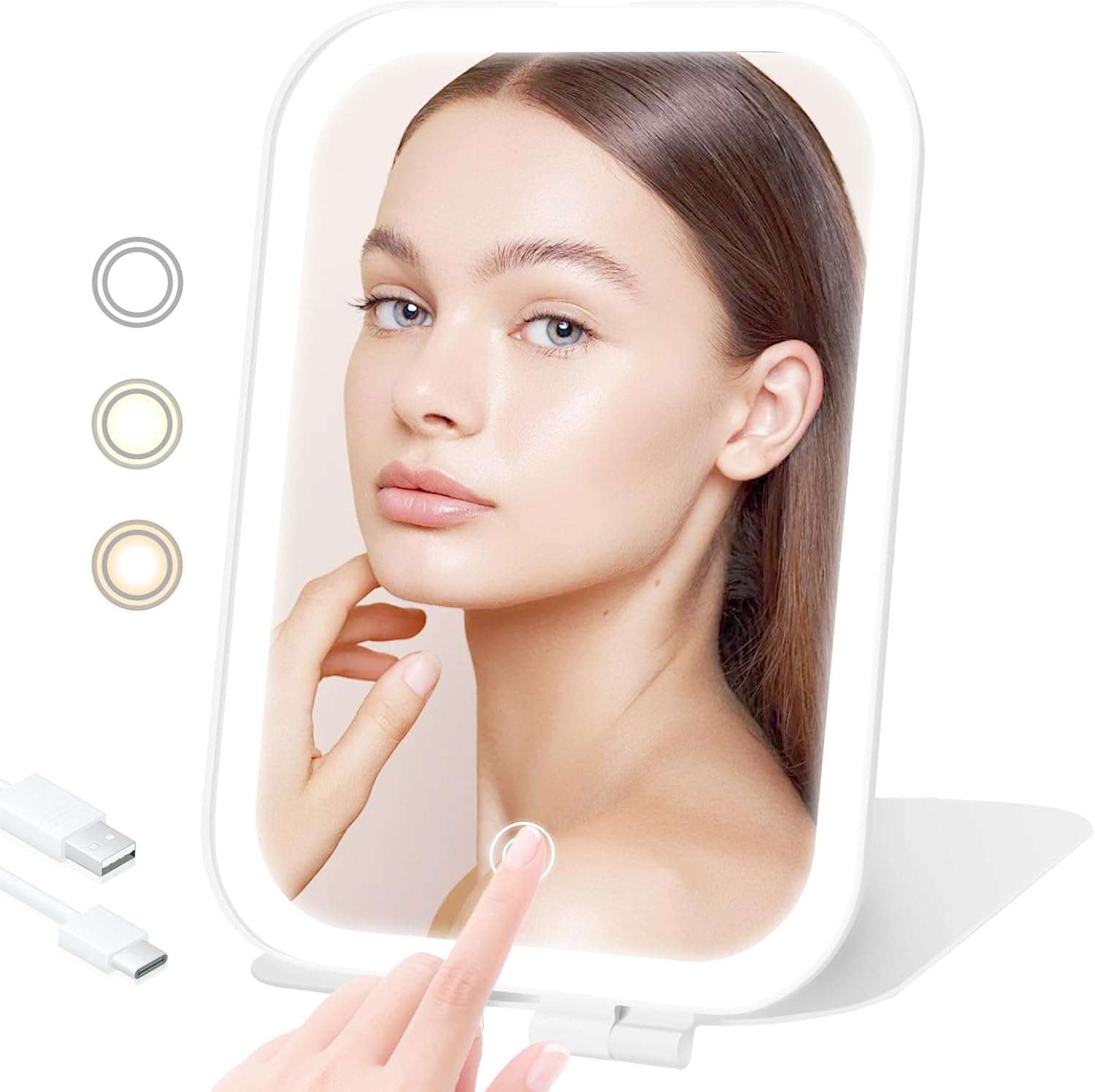 TREASO travel makeup mirror front view showing illuminated white LED lights