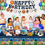 Linhaxm sports themed birthday supplies arranged