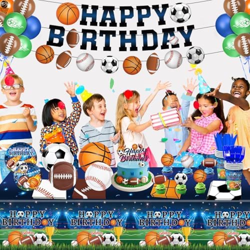 Linhaxm sports themed birthday supplies arranged
