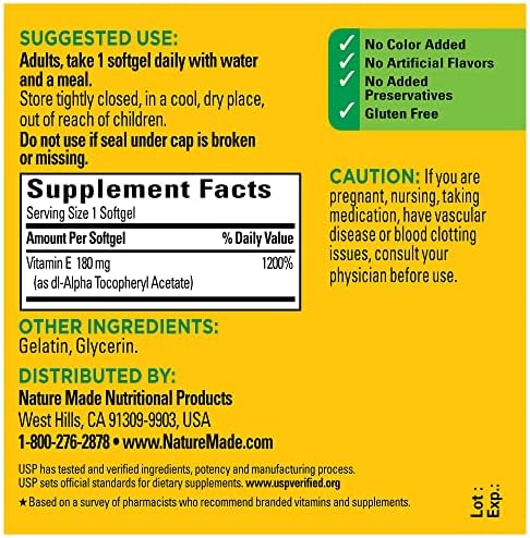 Nature Made Vitamin E 180 milligram bottle showing packaging details and manufacturer safety information