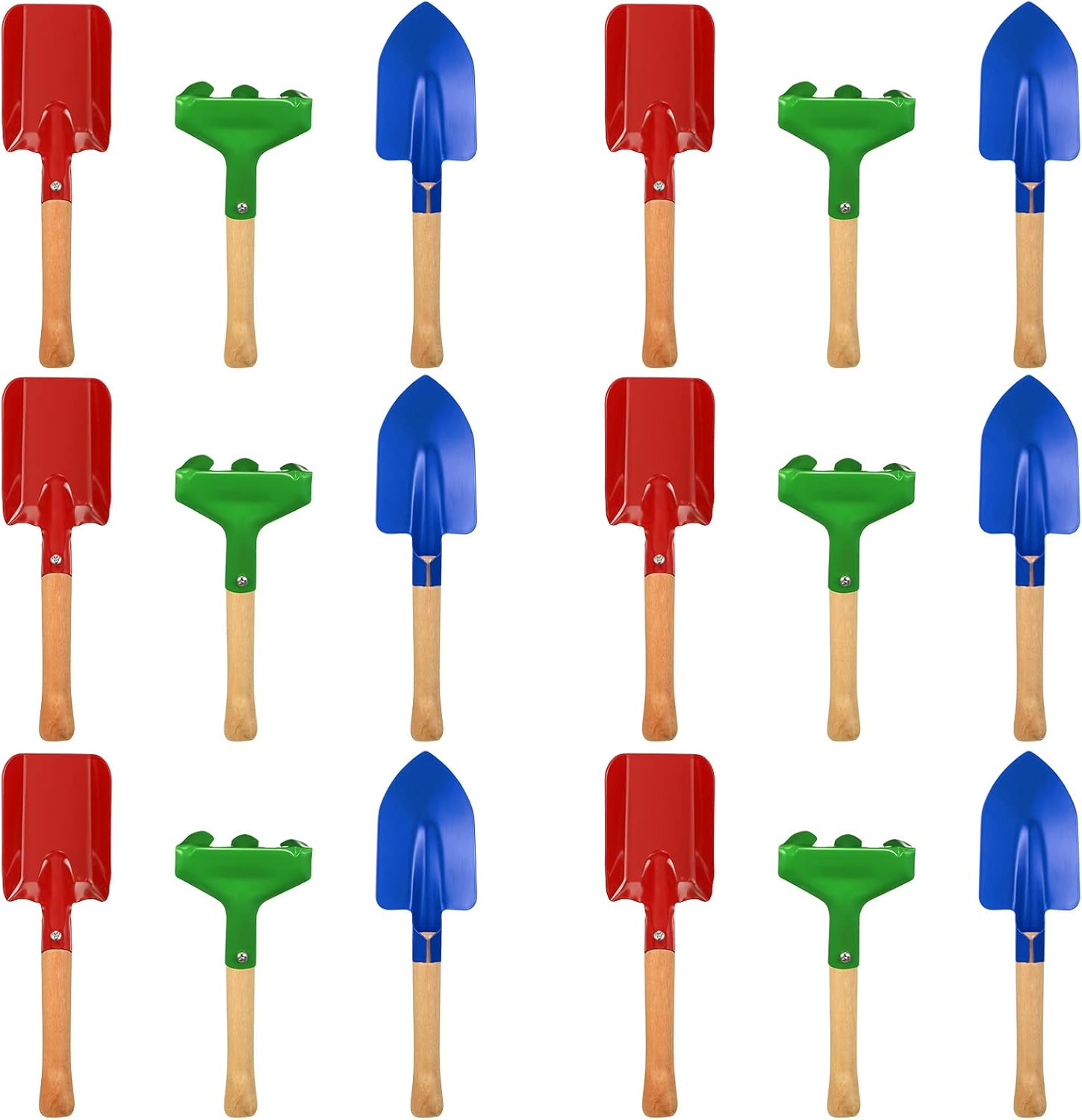 Tarpop 18 Pieces Kids Gardening Tools Set front view displaying colorful metal shovels and rakes