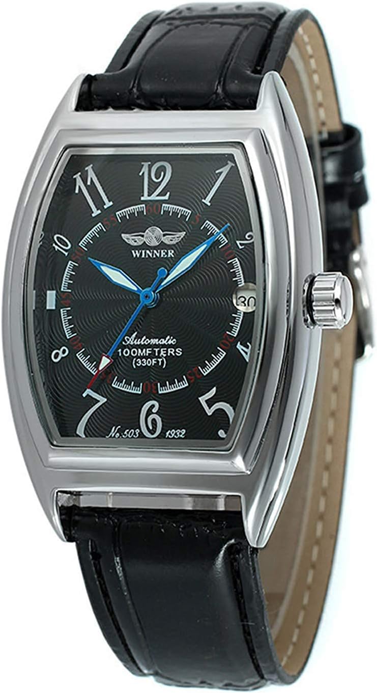 Mastop men rectangle automatic mechanical watch front view with black leather strap