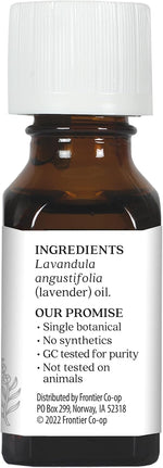 Aura Cacia lavender essential oil bottle next to label details