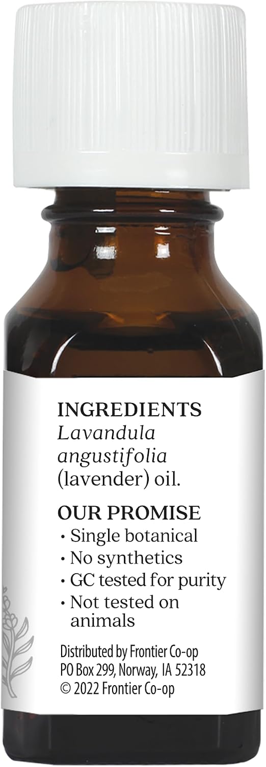 Aura Cacia lavender essential oil bottle next to label details