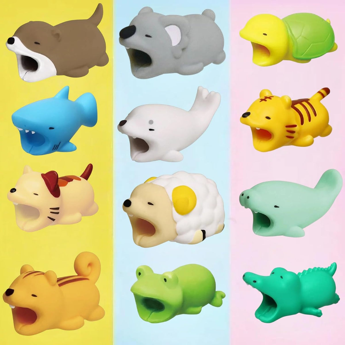 Generic Cute Animal Charging Cord Protectors 12-Pack front view showcasing colorful silicone cable savers