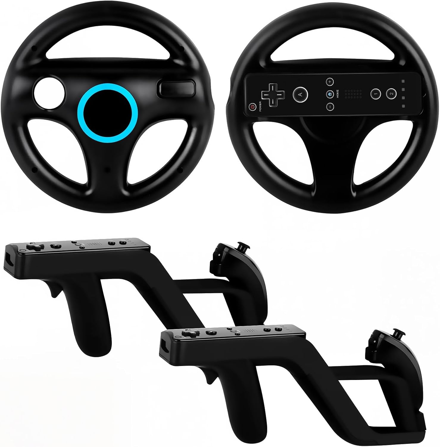 Arrocent Steering Wheel and Zapper Gun Set front view showing black racing wheel and light gun attachments for motion remotes.
