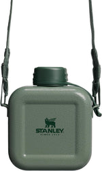 Stanley lightweight stainless steel water bottle showcasing the attached nylon shoulder strap.