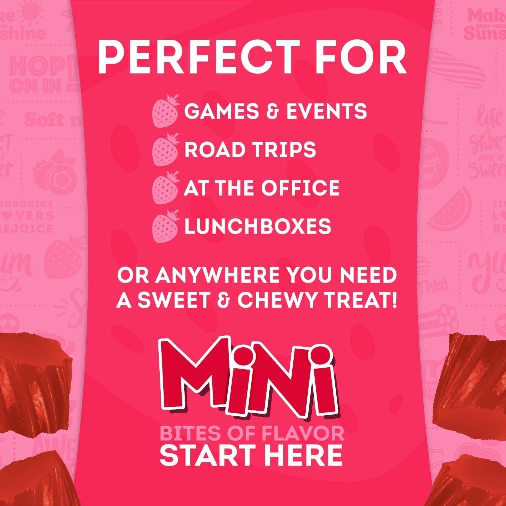 Group of individually wrapped gourmet strawberry licorice mini packs ready for on the go snacking