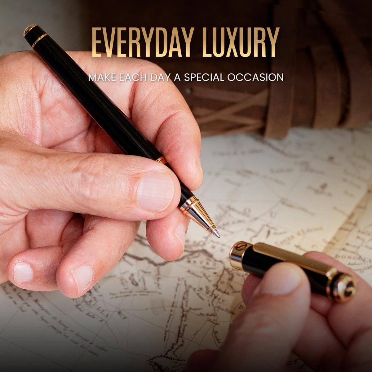 Scriveiner rollerball pen unboxed on executive wooden desk set