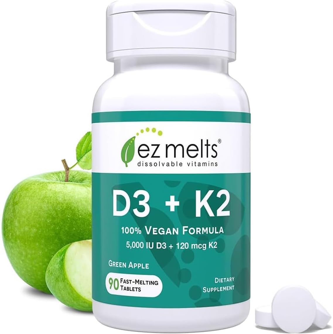 EZ Melts Vegan Vitamin D3 and K2 5000 IU front bottle view