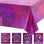 FunnyPars pink and purple shiny tablecloth party setup