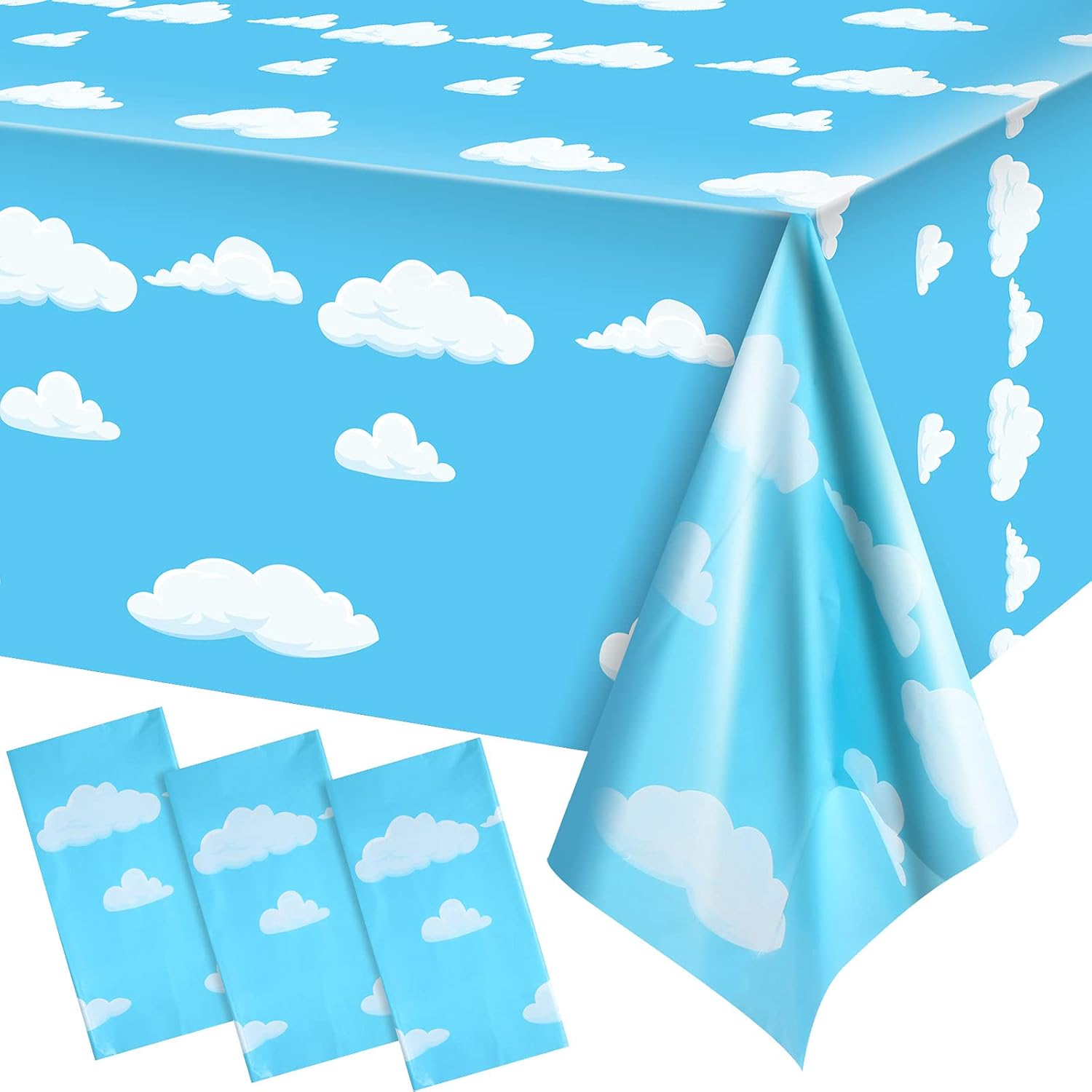 Tatuo blue sky white clouds birthday party supplies tablecloth set front view layout