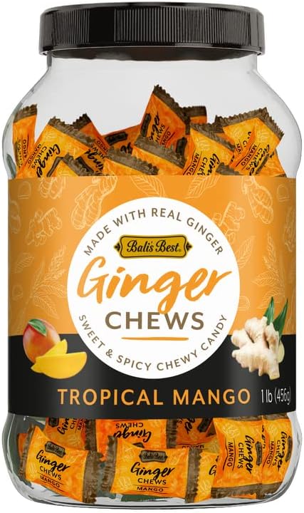 Bali's Best ginger candy container illustrating the Halal and vegetarian product seals.