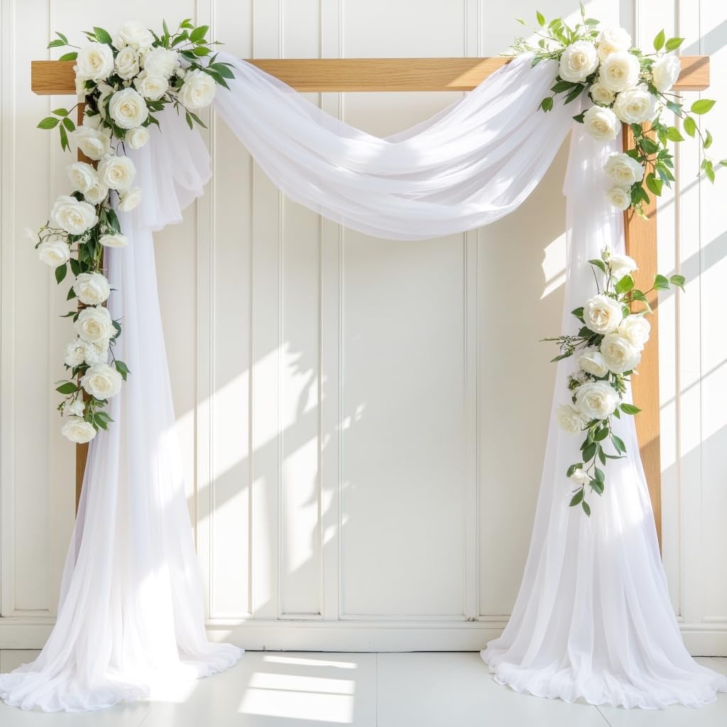 LINXTAR white wedding arch draping fabric front view on a wooden arbor