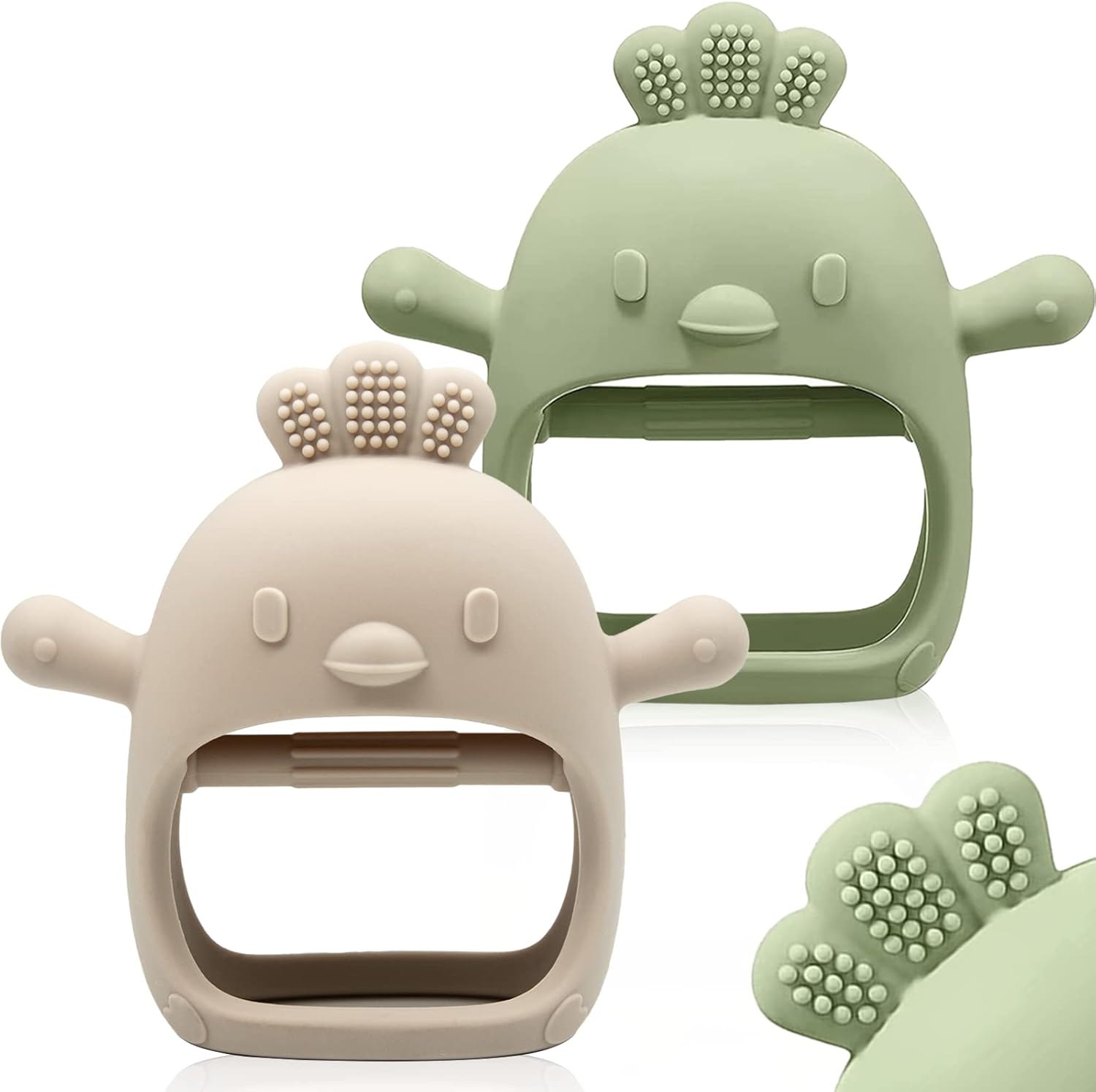 ChooKaChoo baby silicone teething mitten green and caramel front view infant chew toy
