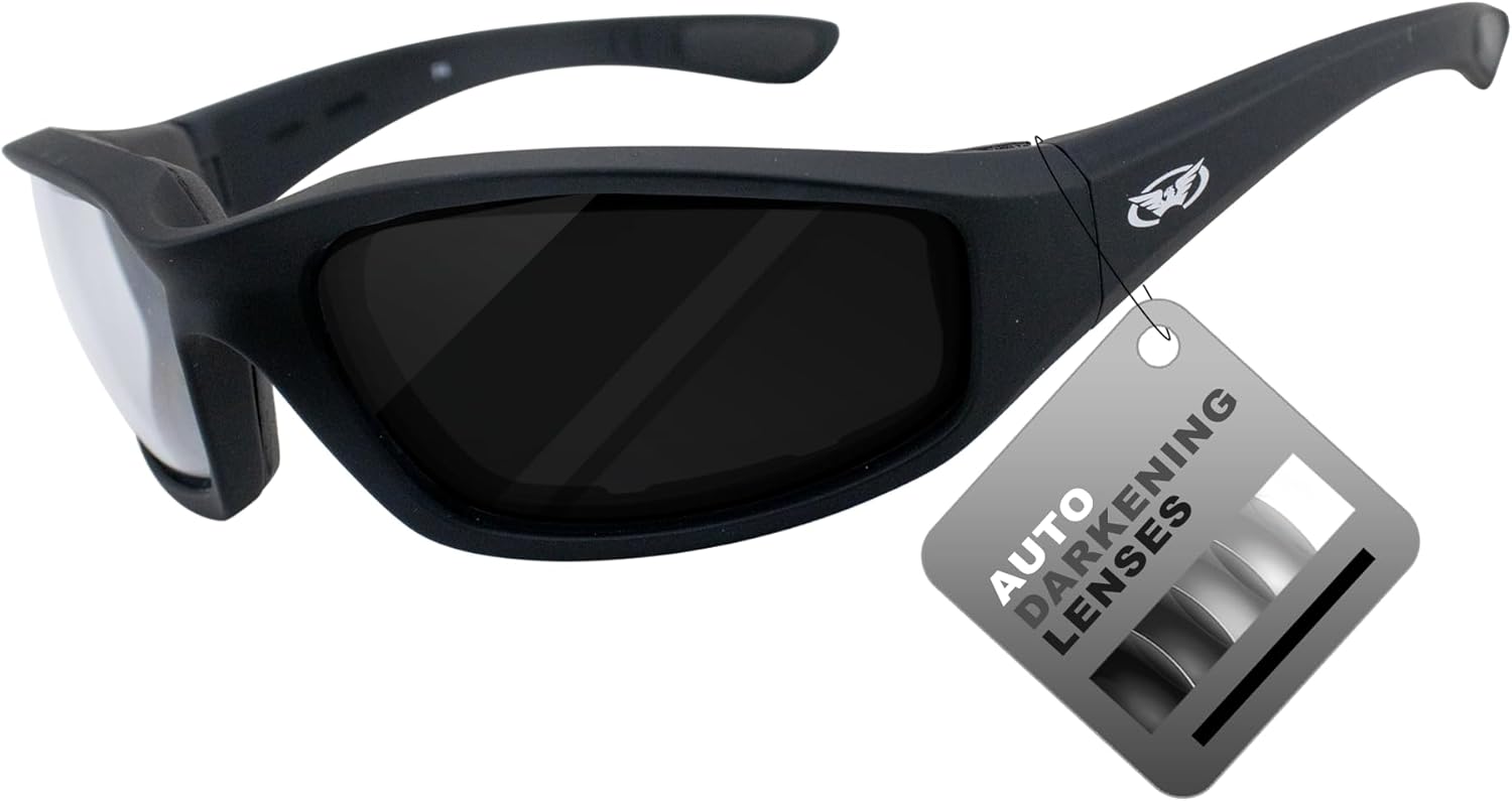 Global Vision Kickback photochromic motorcycle sunglasses front view showcasing matte black frame