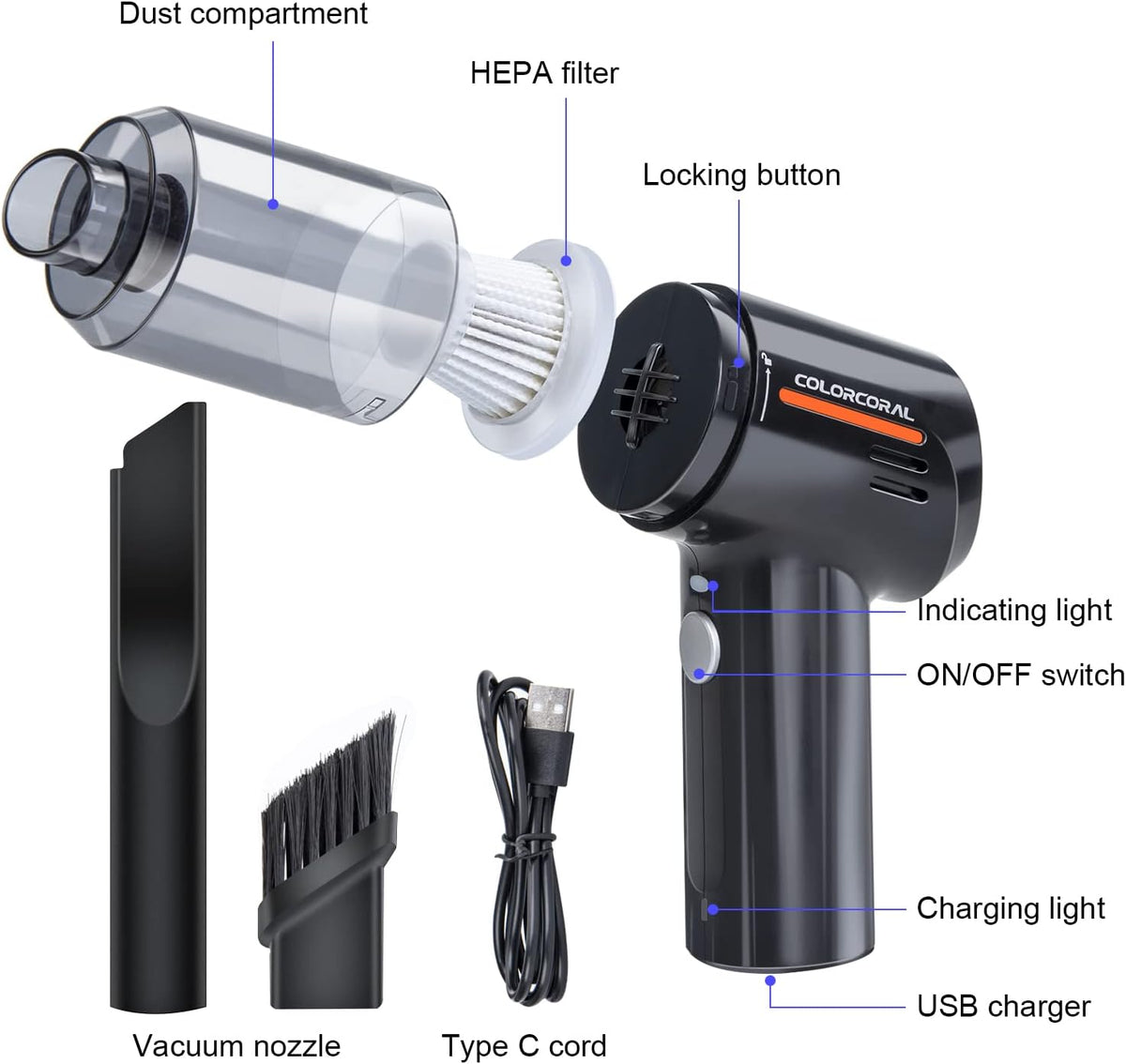 ColorCoral rechargeable keyboard vacuum showing nozzle attachment