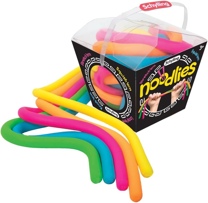 Schylling NeeDoh Noodlies sensory squeeze toy front package view showing five multicolored stretchy strings.
