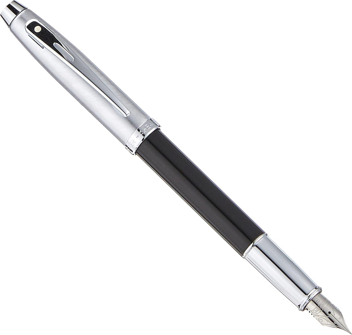 Sheaffer 100 black lacquer fountain pen front view with chrome trim