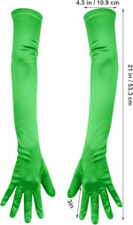 SAVITA green opera gloves laid flat showing full 21 inch length