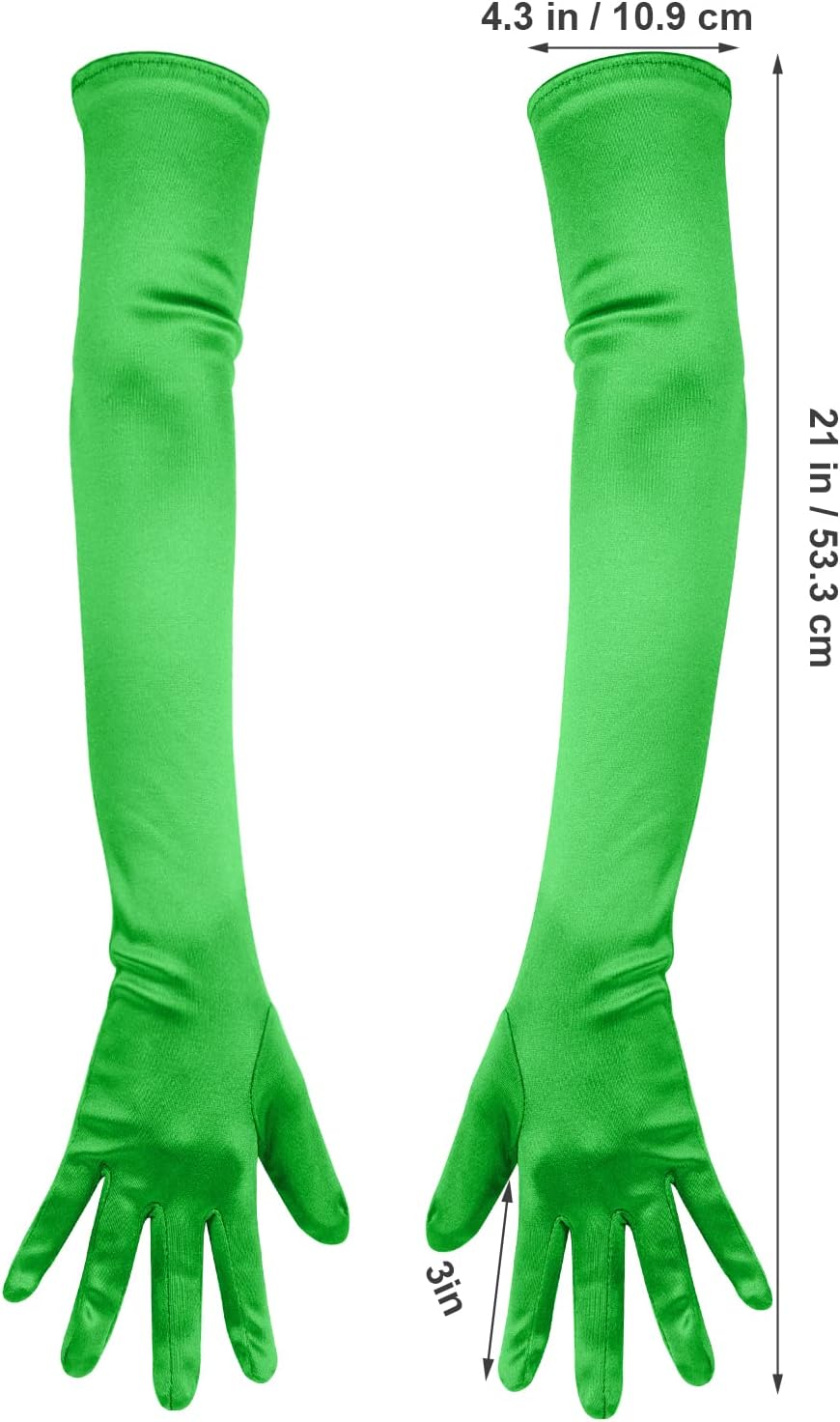 SAVITA green opera gloves laid flat showing full 21 inch length