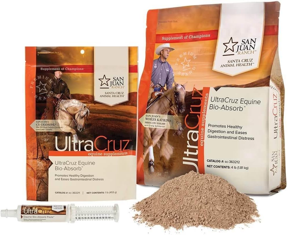 Close up of UltraCruz Equine Bio-Absorb Paste packaging for horse gut health