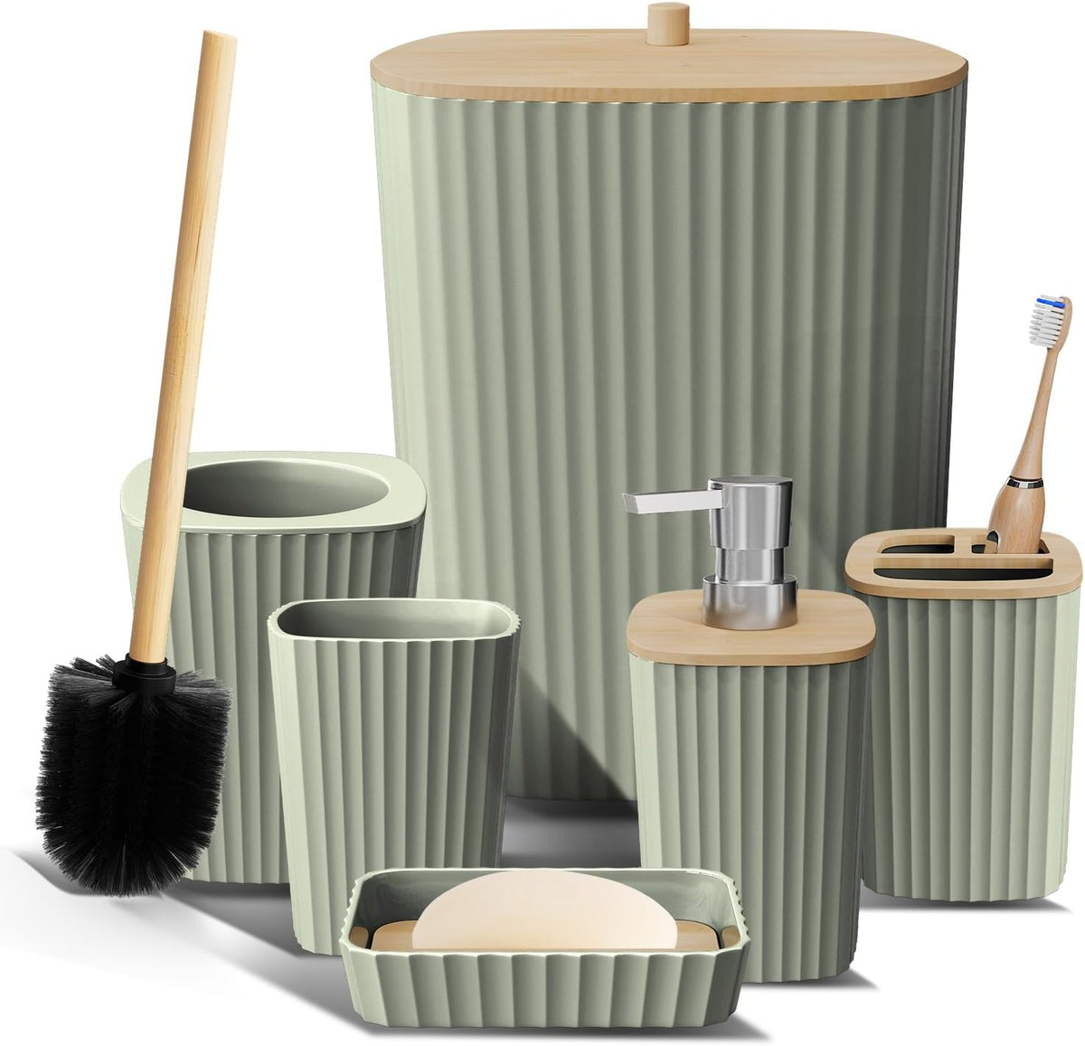 Clara Clark bathroom set front view showcasing sage green accessories for vanity organization.