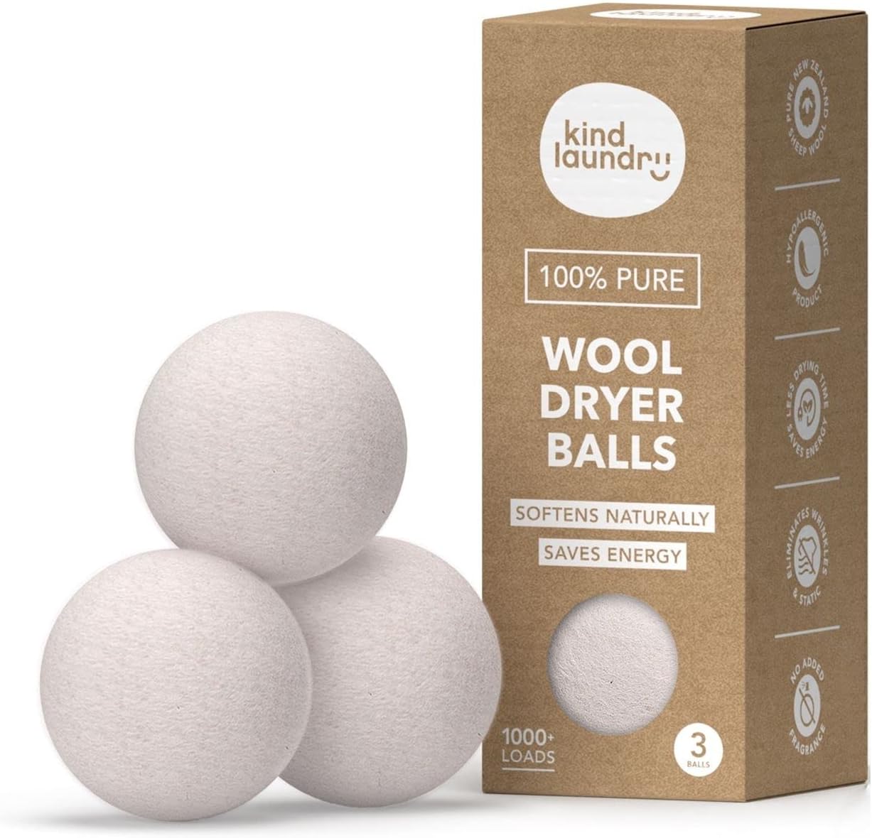 Kind Laundry - Wool Dryer Balls, Tavel Natural Dryer Balls, Pure New Zealand Wool Dryer Balls Laundry Essentials, Dryer Balls for Pet Hair Removal & Lint Collection, Pack of 3 - Image 1