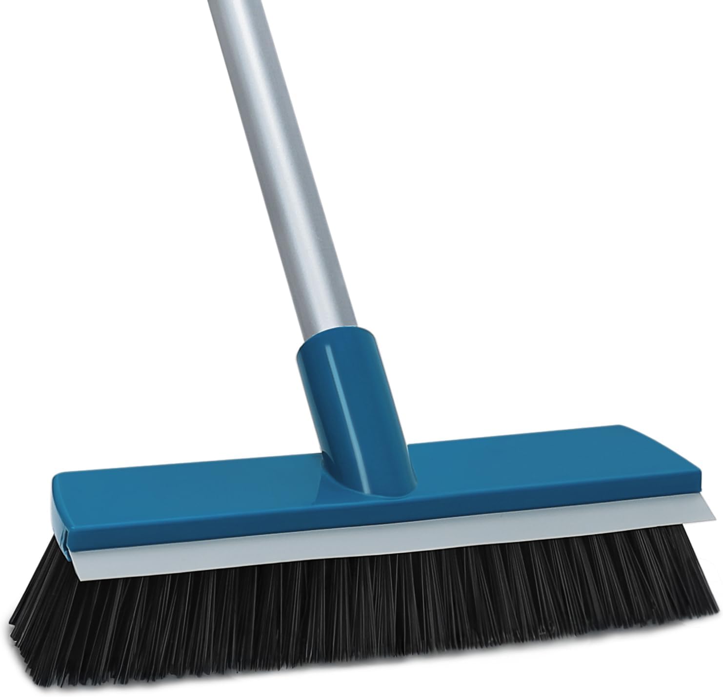 KalTell stiff bristle deck brush front view with long handle and blue bristles.