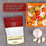 Spicy World sodium benzoate powder ingredient and usage instructions panel.