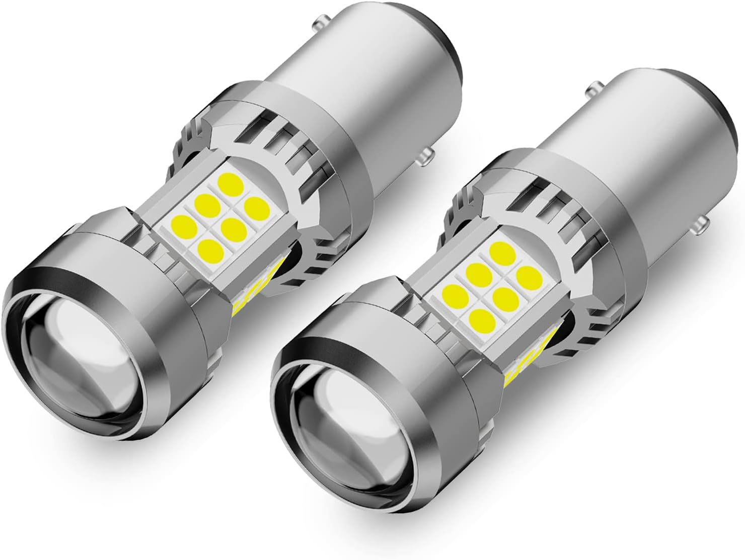 Phinlion 1157 white LED bulbs twin pack front view showing the premium aluminum body and glass lens projector