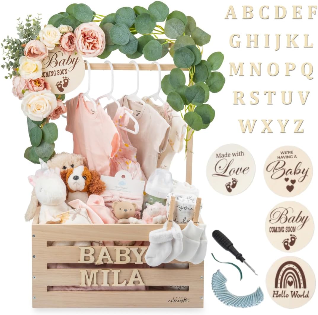 Little Cuteness wooden baby shower crate closet front view featuring customizable nursery storage basket