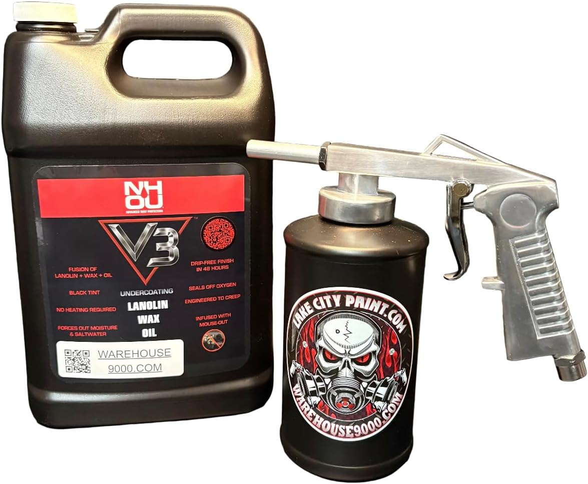 NH Oil V3 Standard Economy Undercoating Spray Gun Kit front view showcasing the metal gun and fluid container