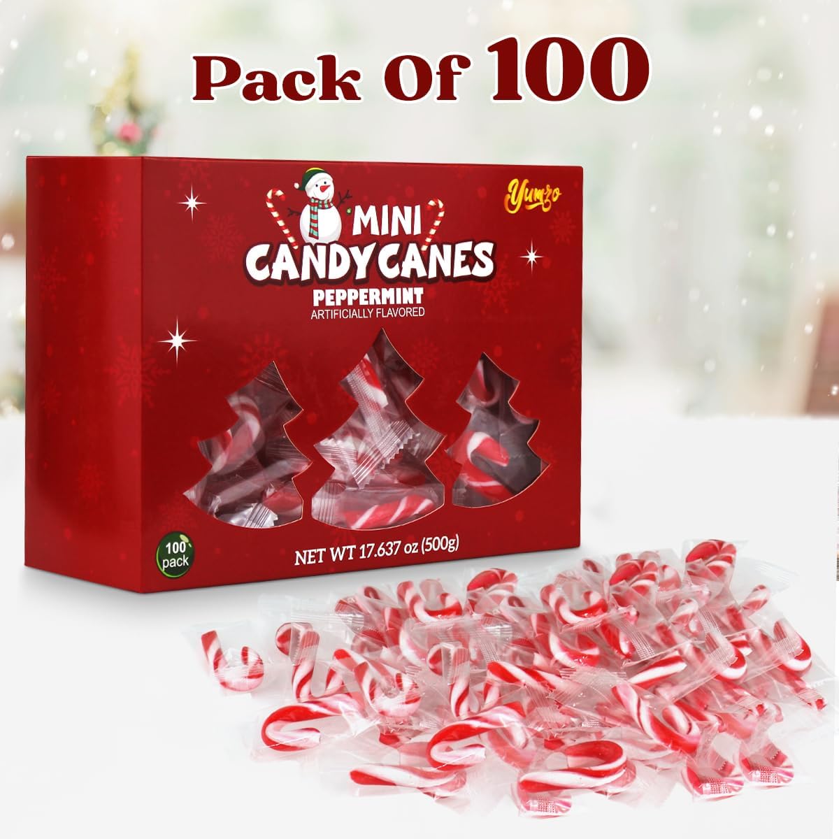 Yumzo individually wrapped peppermint candy canes displayed out of the box.