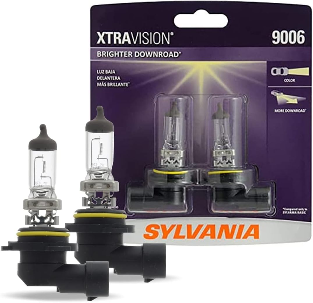 Sylvania 9006 XtraVision halogen headlight bulb front view showing two pack retail packaging for car lighting upgrade.