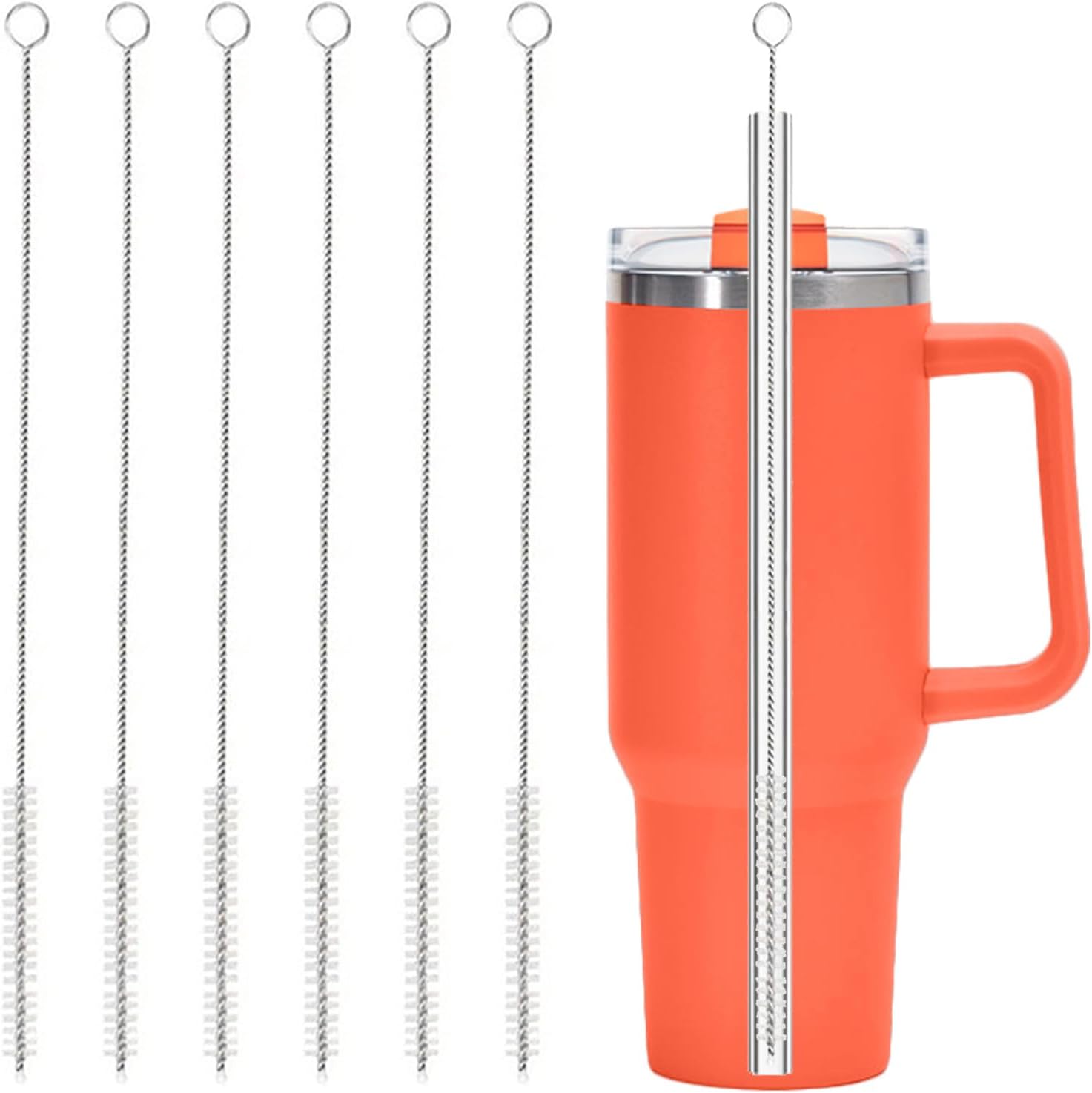 Ajedrmy 6 pack straw cleaner brush front view showcasing six identical long silver cleaning tools with white bristles.