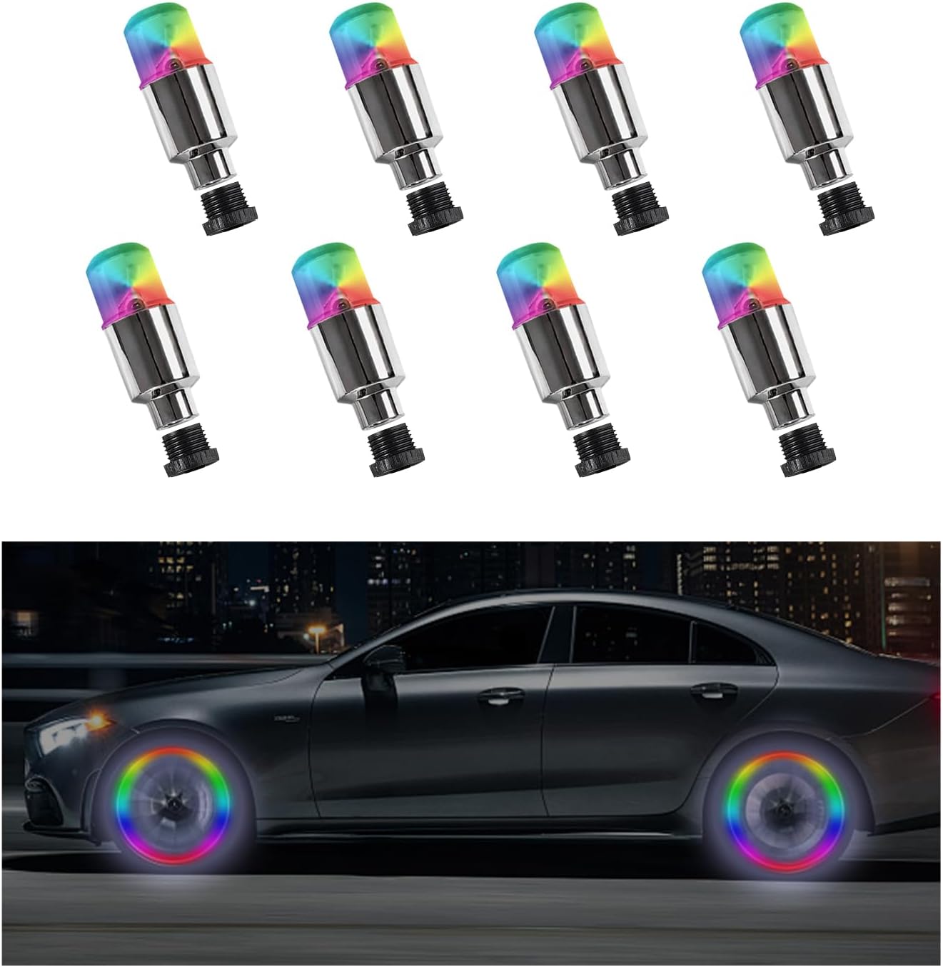 Dickno LED car tire valve stem lights front view showing premium alloy housing