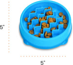 Small dog eating from Catstages blue slow feeder bowl