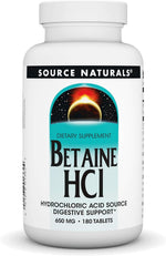 Source Naturals Betaine HCl 650 mg 180 Tablets front view dietary supplement bottle