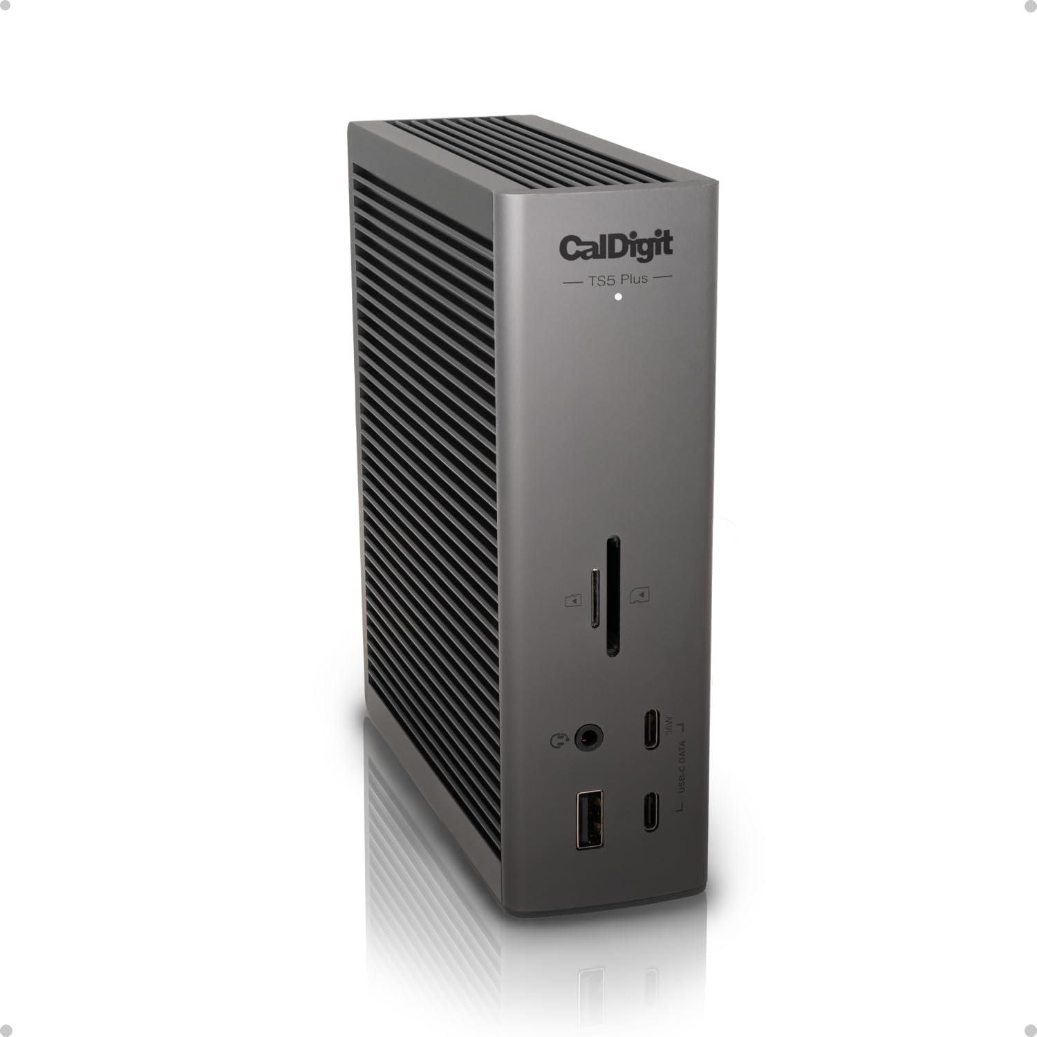 CalDigit TS5 Plus Thunderbolt 5 Dock front view showing space grey aluminum chassis and media card reader slots.