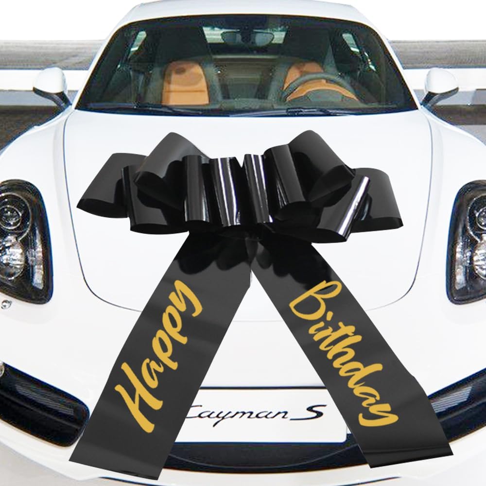 LHMTFCYY Happy Birthday Big Car Bow front view on a white vehicle hood