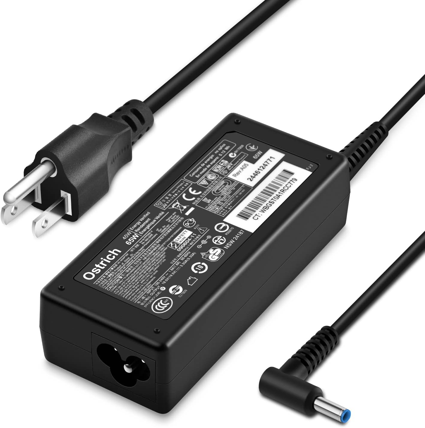 Ostrich HP laptop charger 65W front view showing the black adapter block and power label specifications.