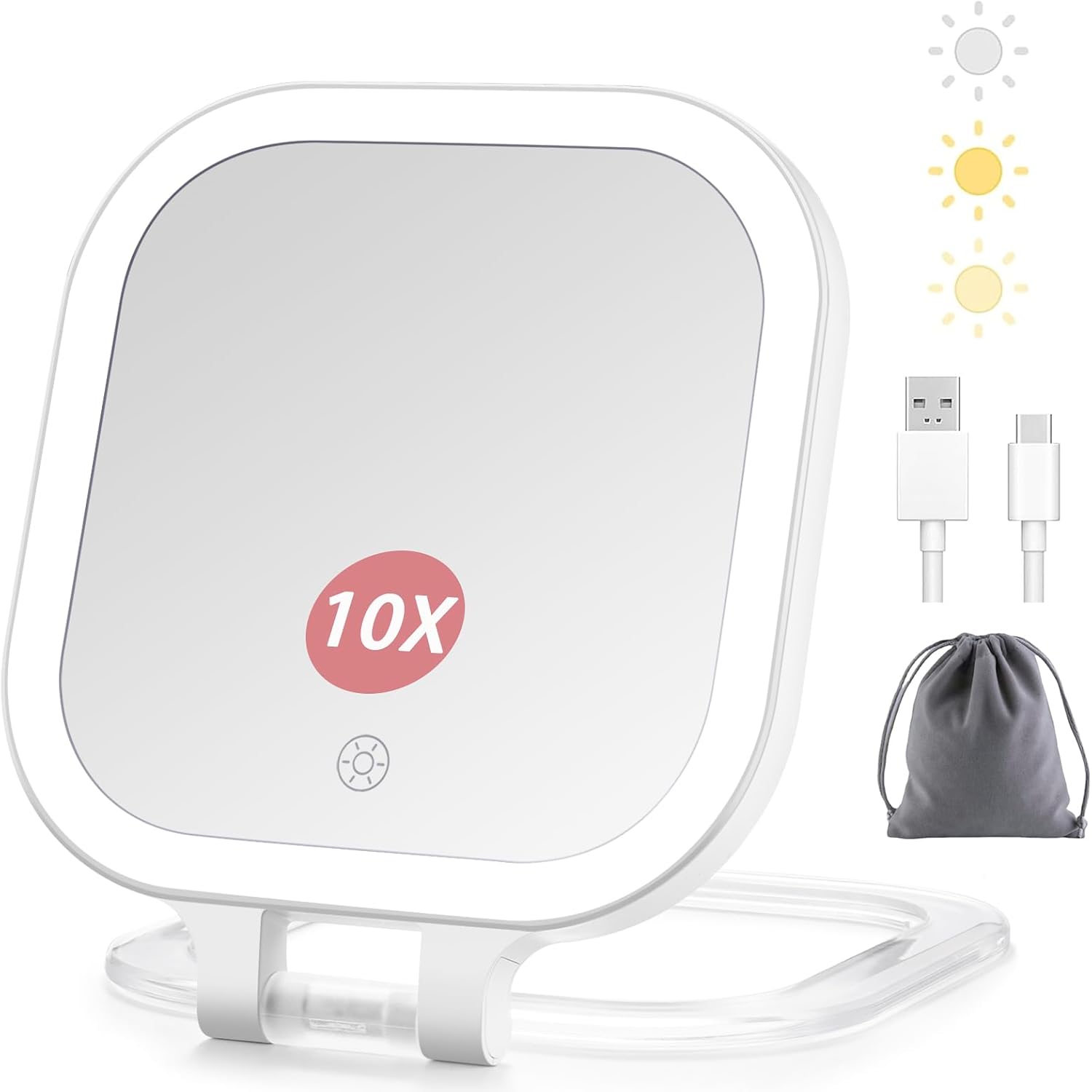 DESCHEN rechargeable travel makeup vanity mirror front view standing on a countertop showing the bright LED light ring.